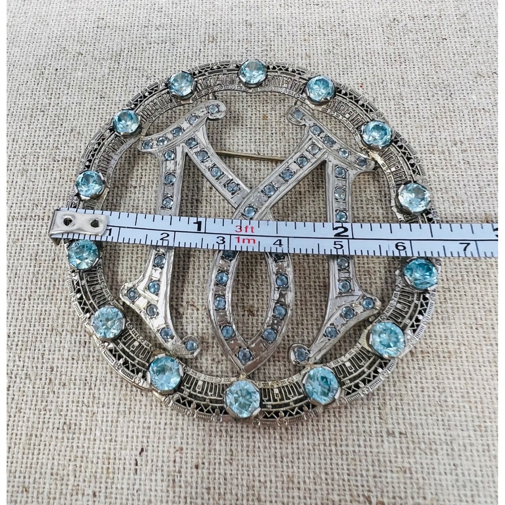 Art Deco 14k White Gold Frame Blue Stone Filigree Design Monogram "M" Brooch - Picture 13 of 13